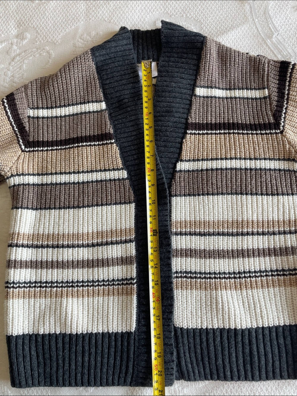 CAbi Striped Shawl Collar Cardigan in Charcoal, Cream & Taupe Size S - Picture 8 of 9